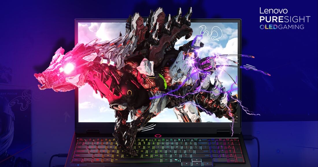  Laptop Lenovo Legion z wyświetlającym się interfejsem aplikacji pokazującym inteligentne funkcje AI Engine, z wizerunkiem technologicznego chipset'u i elementami oprogramowania na tle głównym ekranu. - Ekran LENOVO PureSight OLED 15,1 WQXGA 