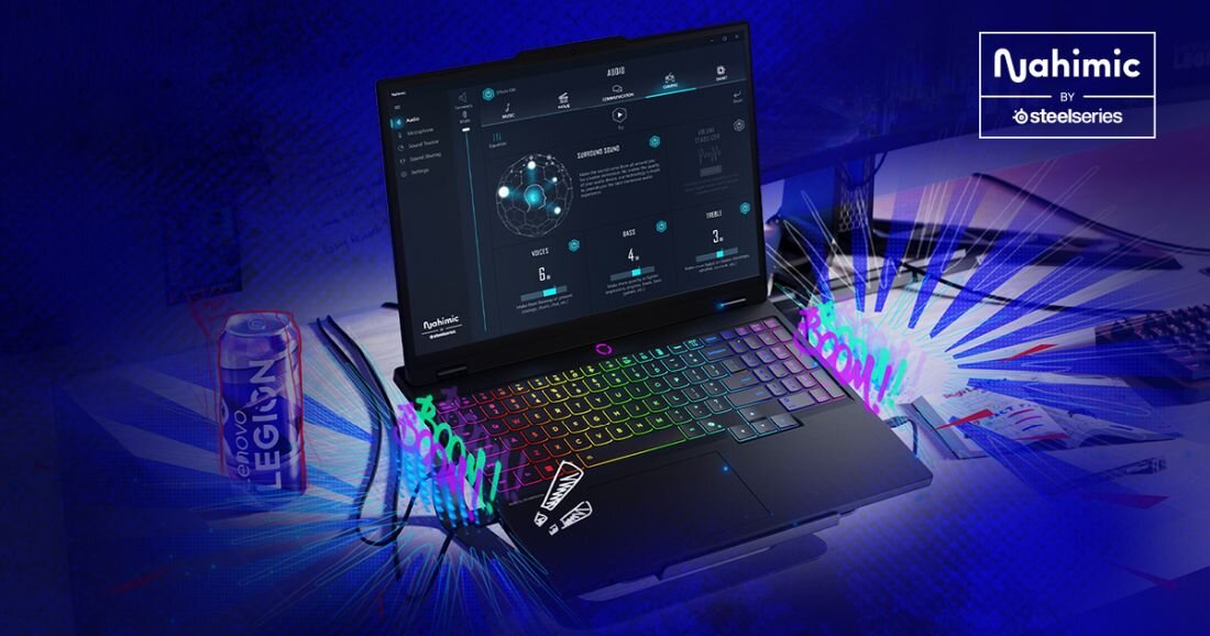  System audio Nahimic zainstalowany w laptopie Lenovo Legion, wyświetlający panel sterowania dźwiękiem z wizualizacją równalizera, ustawieniami głośności i zaawansowanymi opcjami jakości zasilania audio. - Nahimic by SteelSeries 