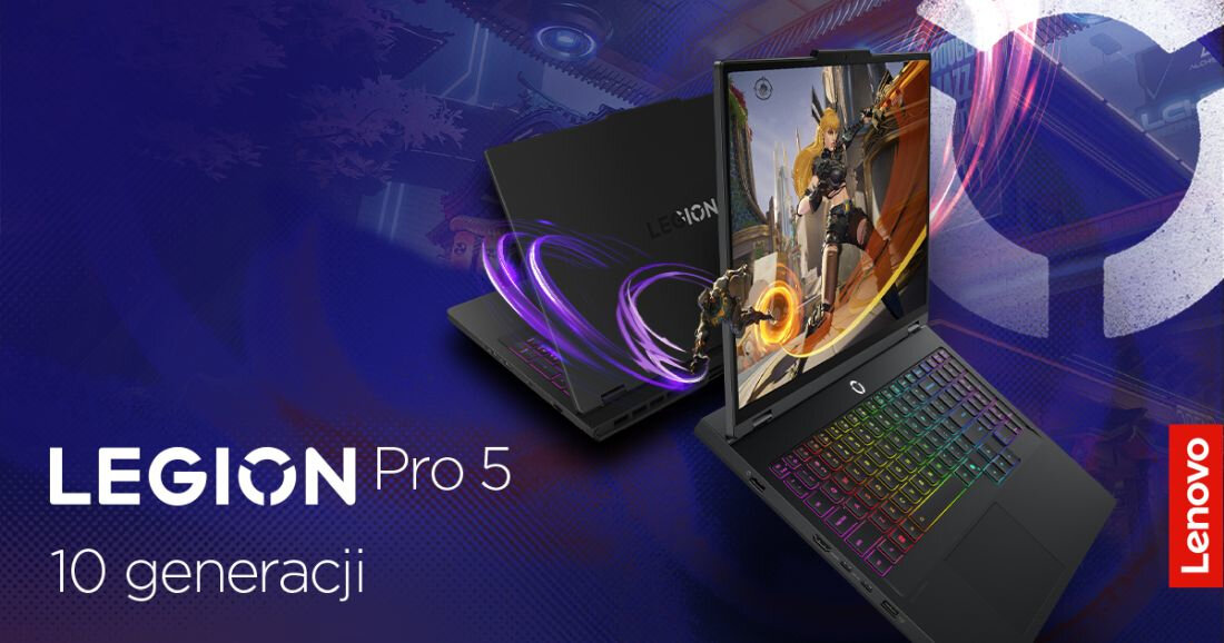 Dwa laptopy LENOVO Legion Pro 5 16ADR10 czarne na fioletowym tle z technologicznymi wzorami cyfrowymi, jeden zamknięty z tyłu z logo Legion białym, drugi otwarty z klawiaturą RGB pełnokolorową, ekran z postacią wojownika w złotej zbroi, napis Legion Pro 5 i logo Lenovo czerwone po prawej