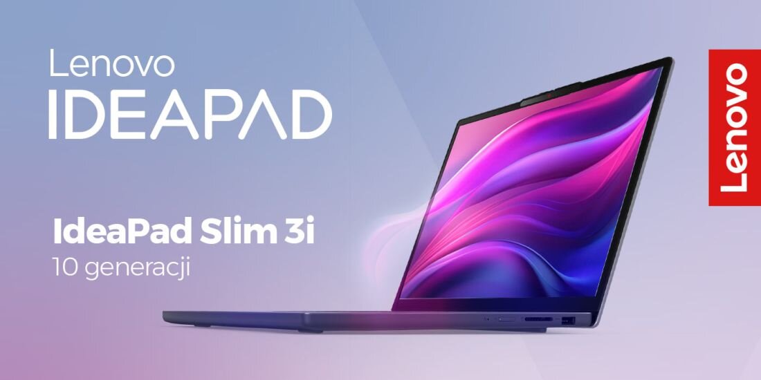 Baner promocyjny laptopa Lenovo IdeaPad Slim 3i 10. generacji – po lewej stronie jasne logo Lenovo IDEAPAD i napis „IdeaPad Slim 3i 10 generacji” na pastelowym, niebiesko-fioletowym tle; po prawej otwarty laptop z ekranem prezentującym dynamiczną, fioletowo-różową grafikę abstrakcyjną, z boku czerwony pasek z logo Lenovo. 