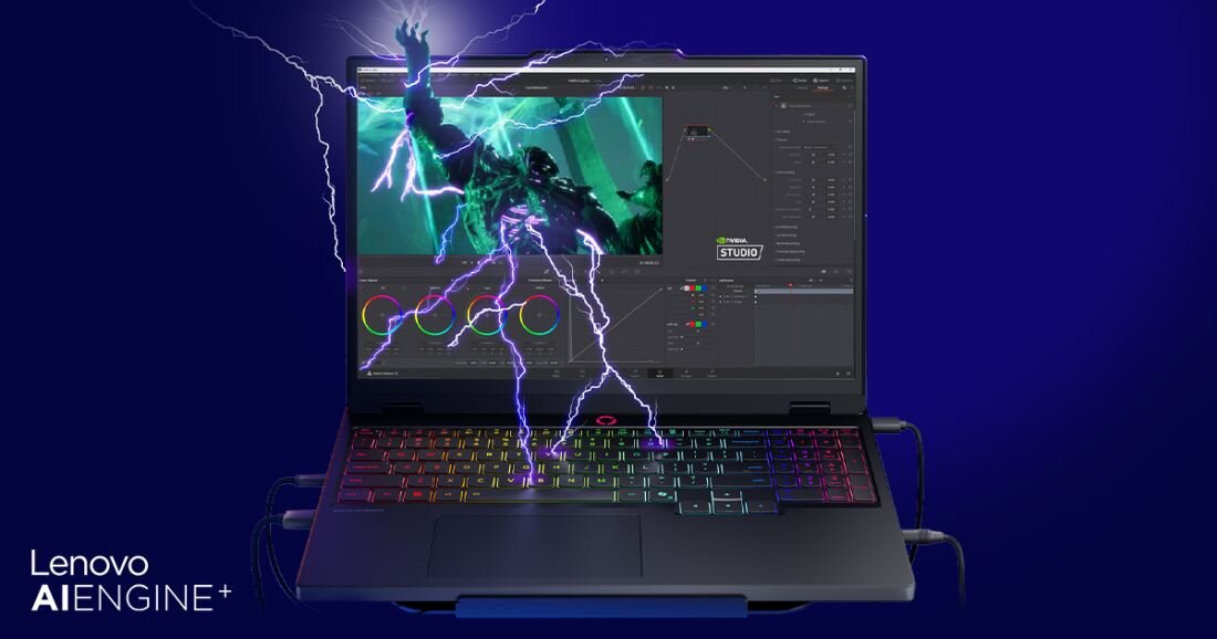  Laptop Lenovo AICore na płycie głównej cyfrowej, logo AMD Ryzen i NVIDIA po bokach, postacie z gier w tle, różowo-zielone światło technologiczne -  LENOVO AI Engine+, Smart FPS  