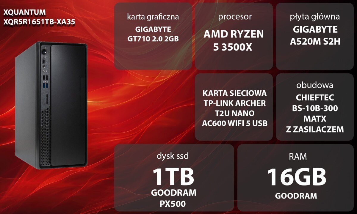 Komputer XQUANTUM XQR5R16S1TB-XA35 Zestawienie parametrów komputera z obudową widoczną po lewej stronie, opis