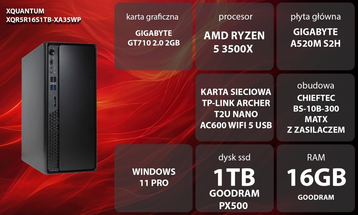 Komputer XQUANTUM XQR5R16S1TB-XA35WP Zestawienie parametrów komputera z obudową widoczną po lewej stronie, opis