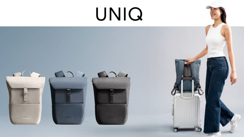 Plecak UNIQ Arden RPET 24L Niebieski, styl, wygoda, ekologia, pojemność, kobieta z plecakiem, napis UNIQ na środku, obok różne kolory plecaka UNIQ