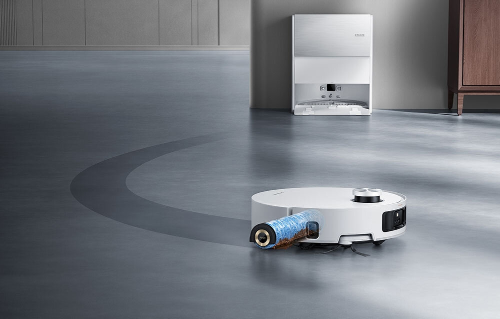 Robot sprzątający DREAME Aqua 10 Roller Biały Pełna automatyzacja mop jest płukany wodą podgrzewaną do 100°C  brud, tłuszcz i aż 99,99% bakterii suszenie gorącym powietrzem zawsze gotowy do działania