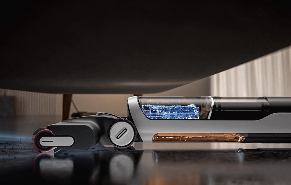 Odkurzacz mopujący DREAME H14 AE Czystość przy krawędziach Technologia Dual Edge Cleaning przy listwach i wokół mebli zdjęcie lifestyle prezentacja pod komodą