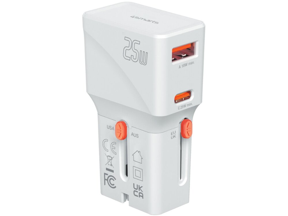 Ładowarka podróżna 4SMARTS Nomad Pocket 25W
                ładowarka na białym tle zestaw wymiennych wtyków europa wielka brytania usa australia każde miejsce na świecie
