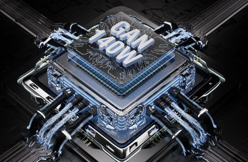 Stacja ładująca 4SMARTS Desk Charger Lucid GaN DiY 360 W Technologia GaN Zintegrowany wyświetlacz TFT czasie rzeczywistym moc na każdym porcie całkowite obciążenie Ekran automatycznie dopasowuje orientację do pozycji - ilustracja modułu GaN 140 W