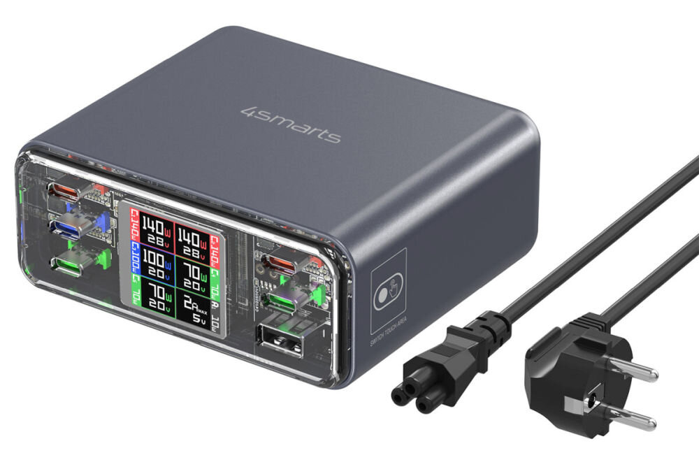 Stacja ładująca 4SMARTS Desk Charger Lucid GaN DiY 360 W zabezpieczeń: przed przepięciem, zwarciem, przegrzaniem, przeładowaniem i zbyt głębokim rozładowaniem Inteligentne czujniki automatycznie regulują moc spiralny przewód USB-C 240 W (12-50 cm) przewód zasilający 1.5 m - stacja ładująca z kablem zasilającym