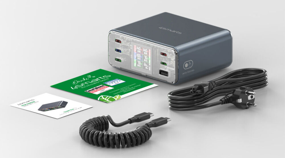 Stacja ładująca 4SMARTS Desk Charger Lucid GaN DiY 360 W - zawartość zestawu, dwa kable, stacja ładująca, etykiety