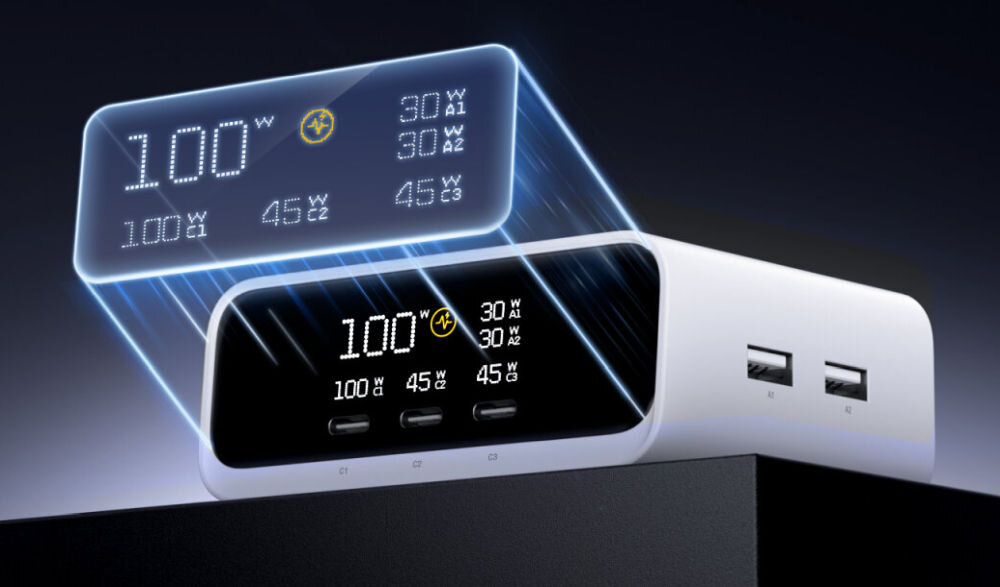 Stacja ładująca 4SMARTS Desk Charger GaN Screen 100 W - zbliżenie na wyświetlacz