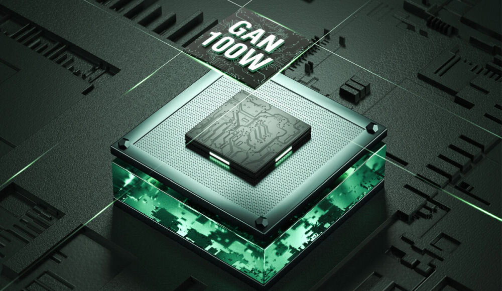 Stacja ładująca 4SMARTS Desk Charger GaN Screen 100 W Technologia GaN zredukować rozmiar i masę ładowarki Wbudowane zabezpieczenia przed przepięciem, przegrzaniem, przeładowaniem oraz zwarciem USB-C - grafika pokazująca gan 100 w