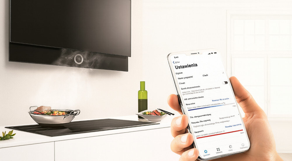 PŁYTA BOSCH PXL811H26E Na zdjęciu widać płytę indukcyjną z potrawą na patelni oraz okap ścienny, który automatycznie odciąga parę znad gotującego się dania. Na pierwszym planie dłoń trzyma smartfon z otwartą aplikacją, umożliwiającą zdalne sterowanie ustawieniami urządzeń kuchennych Remote Diagnostics zdalna diagnoza Home Connect Call Center serwis Bosch technik szybka naprawa profesjonalizm