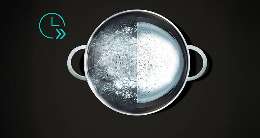 PŁYTA BOSCH PXL811H26E Na zdjęciu widoczny jest garnek z wodą przedstawiony z góry, którego zawartość podzielono na dwie połówki – jedną z intensywnie gotującą się wodą, a drugą z wodą dopiero zaczynającą wrzeć. Obok znajduje się ikonka zegara z podwójną strzałką, symbolizująca szybsze doprowadzanie wody do wrzenia PowerBoost szybkie grzanie skrócony czas gotowania duża ilość wody szybkie podgrzewanie efektywne gotowanie