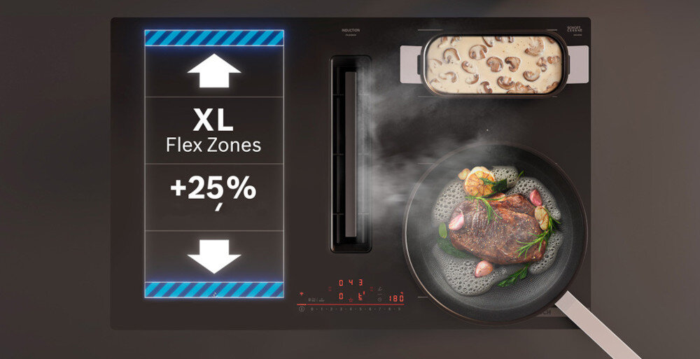 PŁYTA BOSCH PXL811H26E Na zdjęciu przedstawiono płytę indukcyjną zintegrowaną z wyciągiem środkowym, na której po prawej stronie gotuje się mięso na patelni i zapiekanka w podłużnym naczyniu. Po lewej stronie widoczna jest graficzna ilustracja z napisem „XL Flex Zones +25%”, podkreślająca powiększoną strefę gotowania XL Flex Zones większa przestrzeń wygoda elastyczność swoboda gotowanie łatwiejsze przyjemniejsze