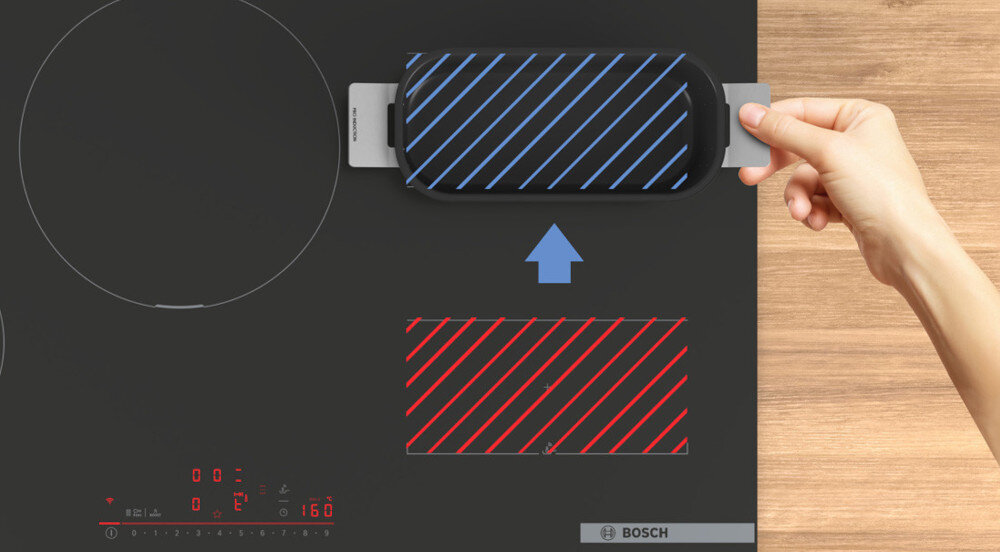 PŁYTA BOSCH PXL811H26E Na zdjęciu widać płytę indukcyjną Bosch, na której dłoń przesuwa podłużne naczynie grillowe nad podświetloną na czerwono strefą grzewczą. Niebieskie i czerwone ukośne linie obrazują aktywne pole Flex, dopasowujące się do kształtu i położenia naczynia automatyczne wykrywanie naczynia zmiana strefy przenoszenie ustawień wygoda precyzja szybkie potwierdzenie