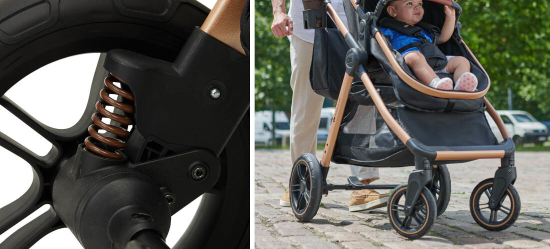 Wózek wielofunkcyjny KINDERKRAFT Esme Pro 3w1 Szary Płynna jazda Duże, amortyzowane koła z odpornej gumy TPE na chodnikach i leśnych ścieżkach manewrowanie wygoda komfort