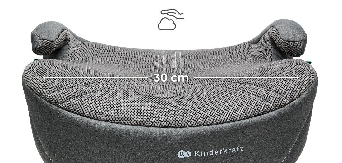 Podstawka samochodowa KINDERKRAFT I-Boost 2 Pro Szary Komfort na długich trasach Szerokie siedzisko 30 cm z pianką tapicerka AIR FLOW
