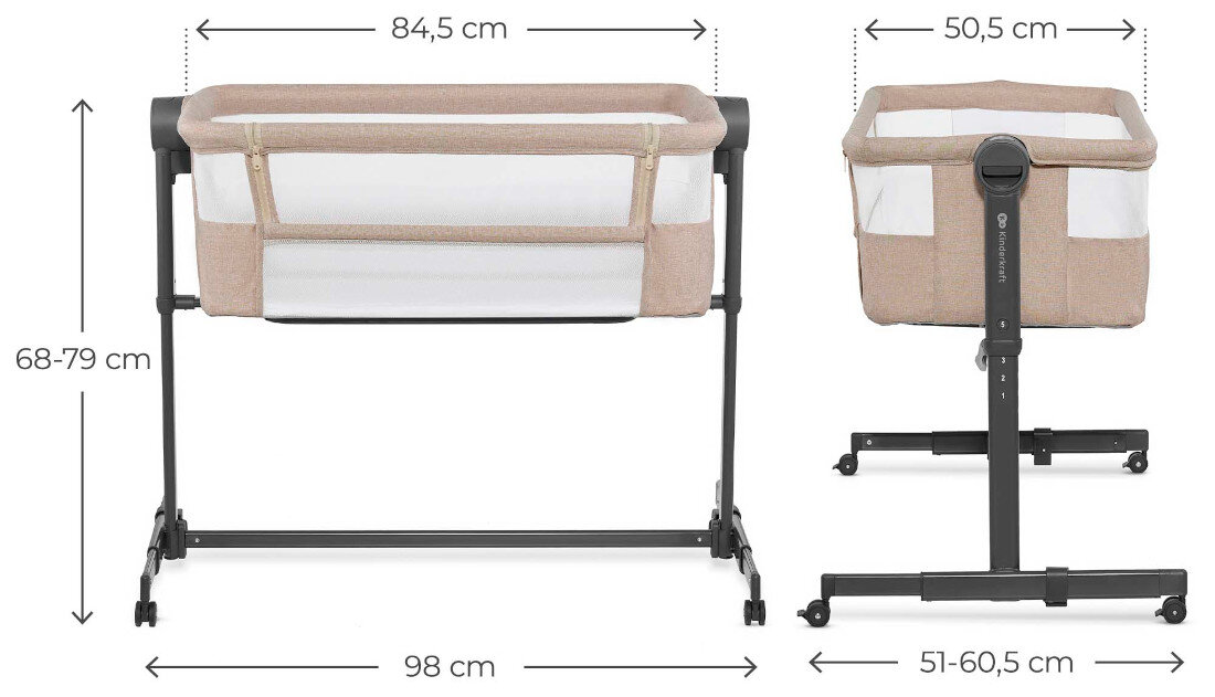 Łóżeczko dostawne KINDERKRAFT Neste Up 2 Beżowy Materiały i trwałość Wytrzymały stalowy stelaż poliestrowe poszycie przyjemny w dotyku i prosty w czyszczeniu od pierwszych dni życia 