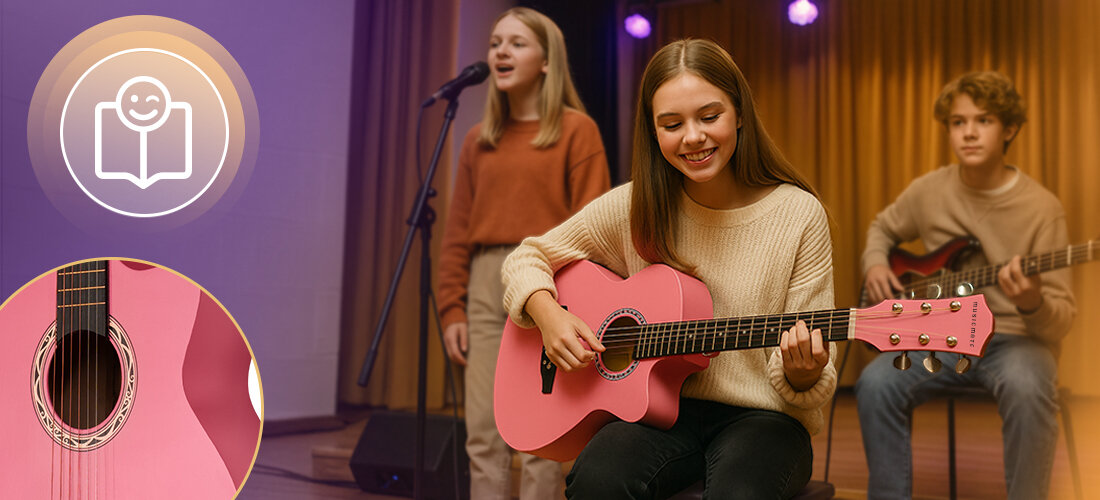 Gitara akustyczna MUSICMATE MM-G21 PinkSerenade drewno lipowe akcesoria pokrowiec kapodaster, wystep szkolny, dziecko grające na gitarze