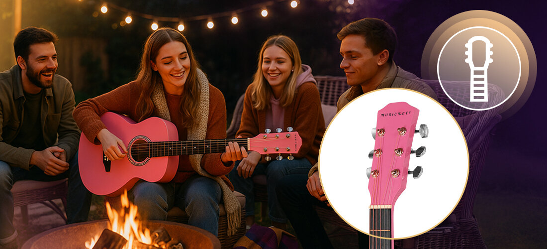 Gitara akustyczna MUSICMATE MM-G21 PinkSerenade lipowy korpus rezonans głębia dźwięku, osoby siedzące przy palenisku, osoba grająca na gitarze