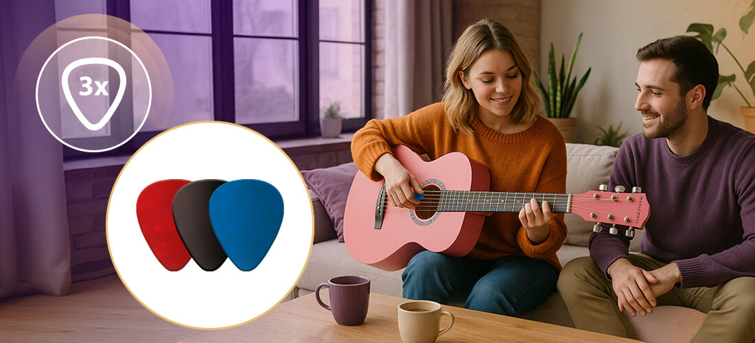 Gitara akustyczna MUSICMATE MM-G21 PinkSerenade metalowe klucze set-neck sustain, osoby siedzące na kanapie, osoba grająca na gitarze