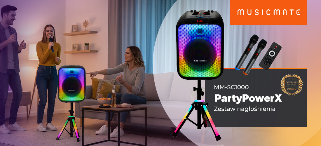 Mobilny zestaw nagłośnienia MUSICMATE MM-SC1000 PartyPowerX moc dźwięk LED, zestaw stojący na statywie w pomieszczeniu