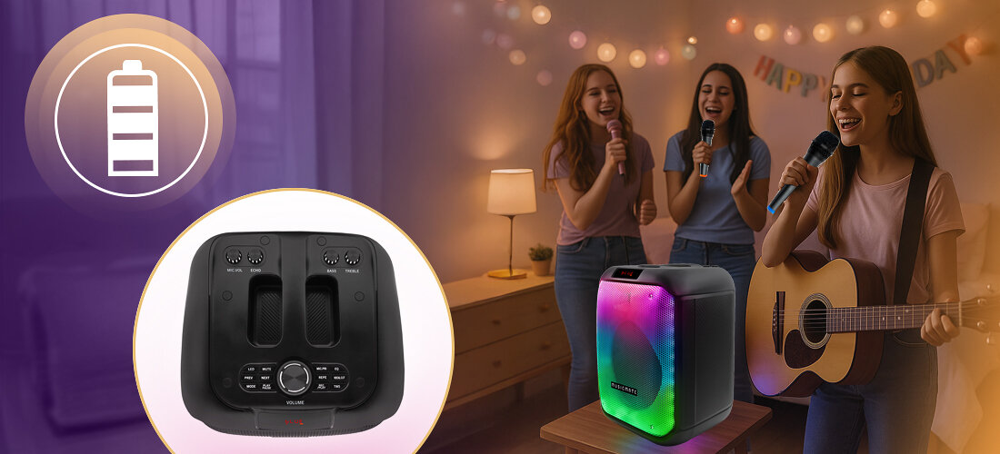 Mobilny zestaw nagłośnienia MUSICMATE MM-SC1000 PartyPowerX LED statyw kolory dźwięk, głośnik sotjący na stoliku, osoby trzymające mikrofon w rękach