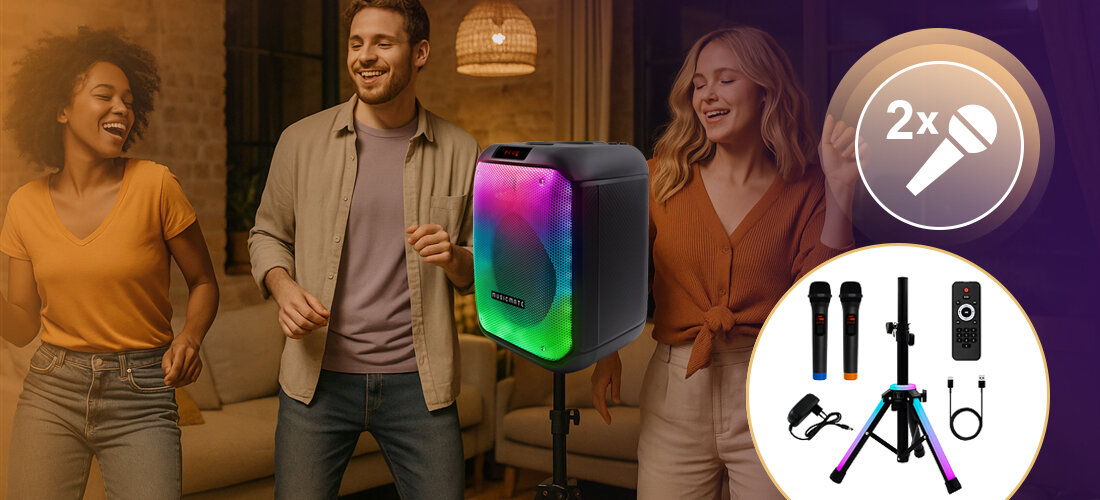 Mobilny zestaw nagłośnienia MUSICMATE MM-SC1000 PartyPowerX bateria DC Jack AUX transport, głosnik sotjący na statywie, osoby bawiące się w rytm muzyki