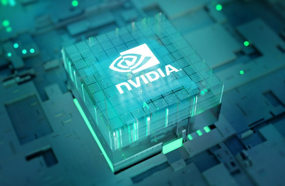 Wizualizacja układu GPU NVIDIA GeForce RTX jako przezroczysty sześcian z zielonymi efektami świetlnymi – architektura NVIDIA Blackwell i technologia DLSS 4 w laptopie GIGABYTE Gaming A16