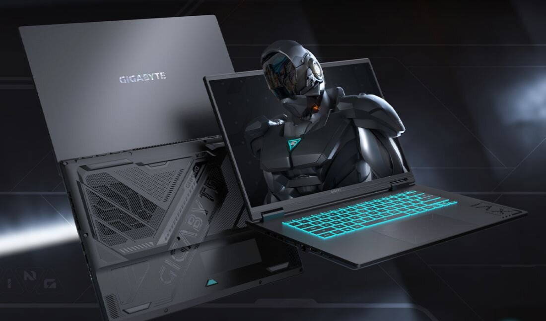 Laptop gamingowy GIGABYTE Gaming A16 z klawiaturą Golden Curve w pozycji płaskiej z zawiasem 180° i grą wyścigową na ekranie – wszechstronny design i ponad 12 godzin pracy na baterii