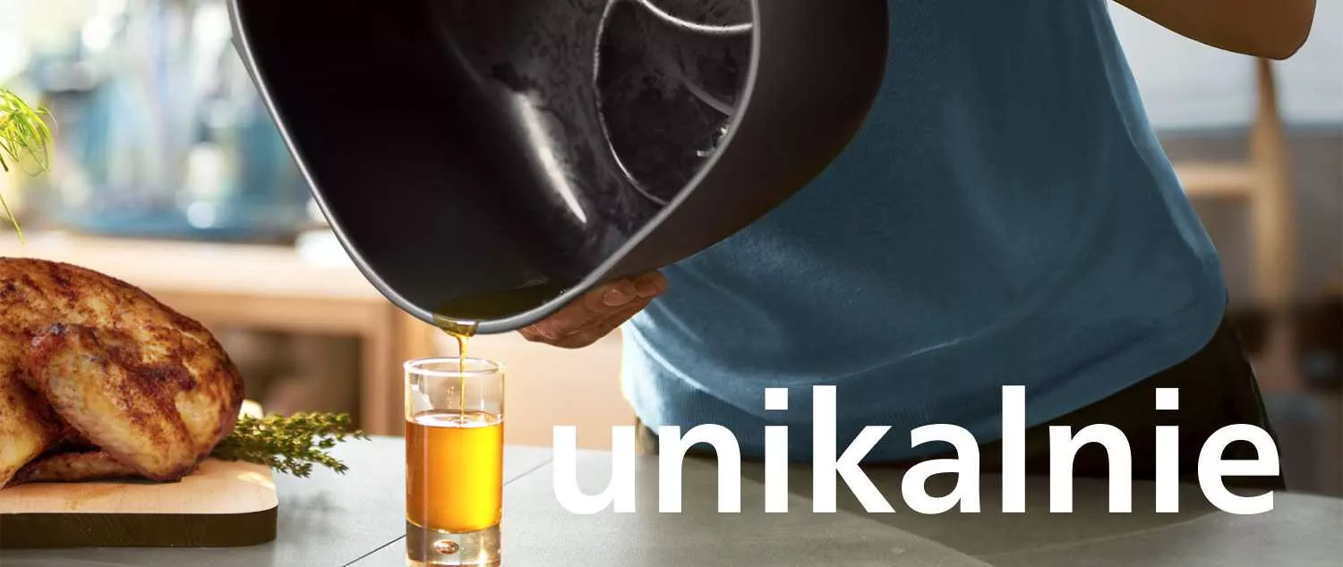 koszyk oddziela jedzenie od tłuszczu gromadzącego się na dnie szuflady podczas smażenia