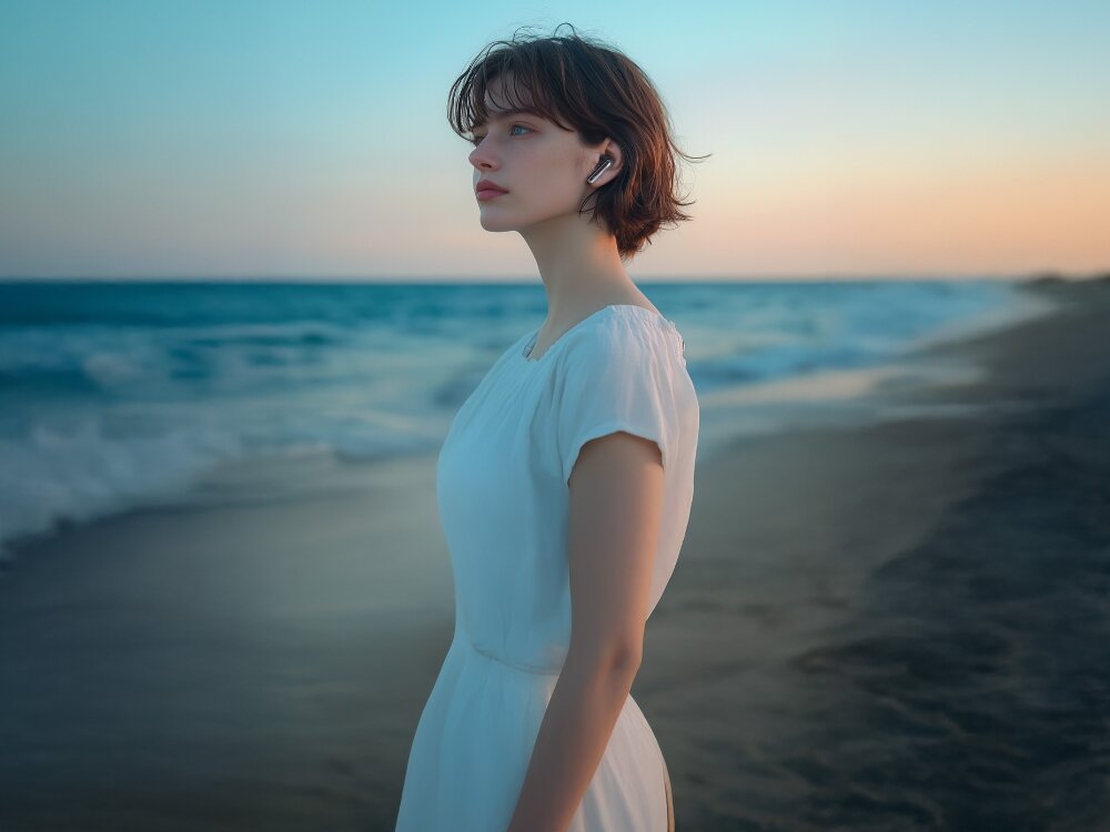 Słuchawki dokanałowe CREATIVE Aurvana Ace 3
                kobieta ze słuchawkami w uszach na plaży