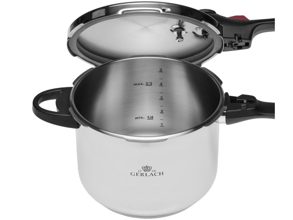 Szybkowar GERLACH First pojemność 6 l przyspieszone gotowanie nawet o 70% szczelne zamknięcie działanie ciśnienia potrawy są gotowe szybciej zachowanie pełni smaku i wartości odżywczych efektywność energetyczna zmniejszone zużycie energii nawet o 50 %