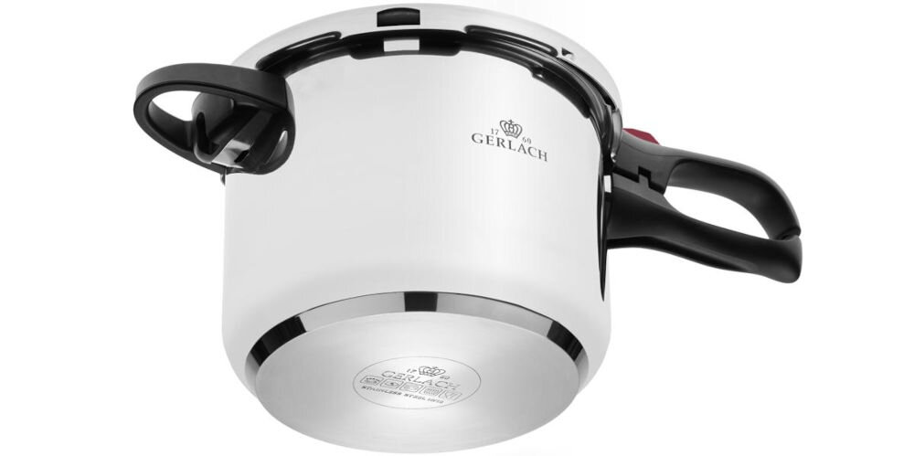 Szybkowar GERLACH First z wytrzymałej stali nierdzewnej 18/10 odporność na uszkodzenia korozja wysoka temperatura solidność trójwarstwowe dno równomierne rozprowadzanie ciepła kompatybilne ze wszystkimi rodzajami kuchenek wygodne rączki jedna dłuższa pewny chwyt pojemność 6 l użytkowa 4 l przygotowywanie zup mięs i dań warzywnych rekomendowane mycie ręczne