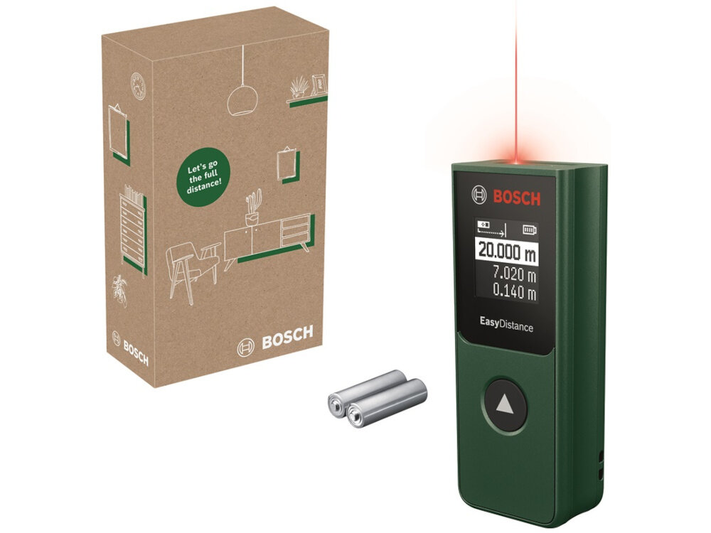 Dalmierz laserowy BOSCH EasyDistance 20 0603672AZ0 20m zestaw na białym tle w zestawie dalmierz dwie baterie typu AAA dokumentacja karton