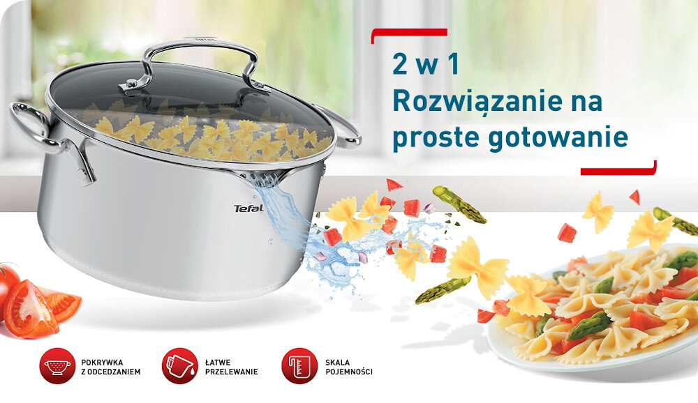 Na obrazie widoczny jest garnek ze stali nierdzewnej z logo Tefal, wypełniony makaronem, z pokrywką z funkcją odcedzania. Obok garnka znajduje się tekst: \'2 w 1 Rozwiązanie na proste gotowanie\' oraz ikony z napisami: \'POKRYWKA Z ODCEDZANIEM\', \'ŁATWE PRZELEWANIE\', \'SKALA POJEMNOŚCI\'.