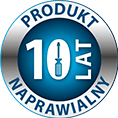 Okrągła ikona z napisem \'PRODUKT NAPRAWIALNY 10 LAT\' w kolorach niebieskim i srebrnym, z symbolem śrubokręta pośrodku.