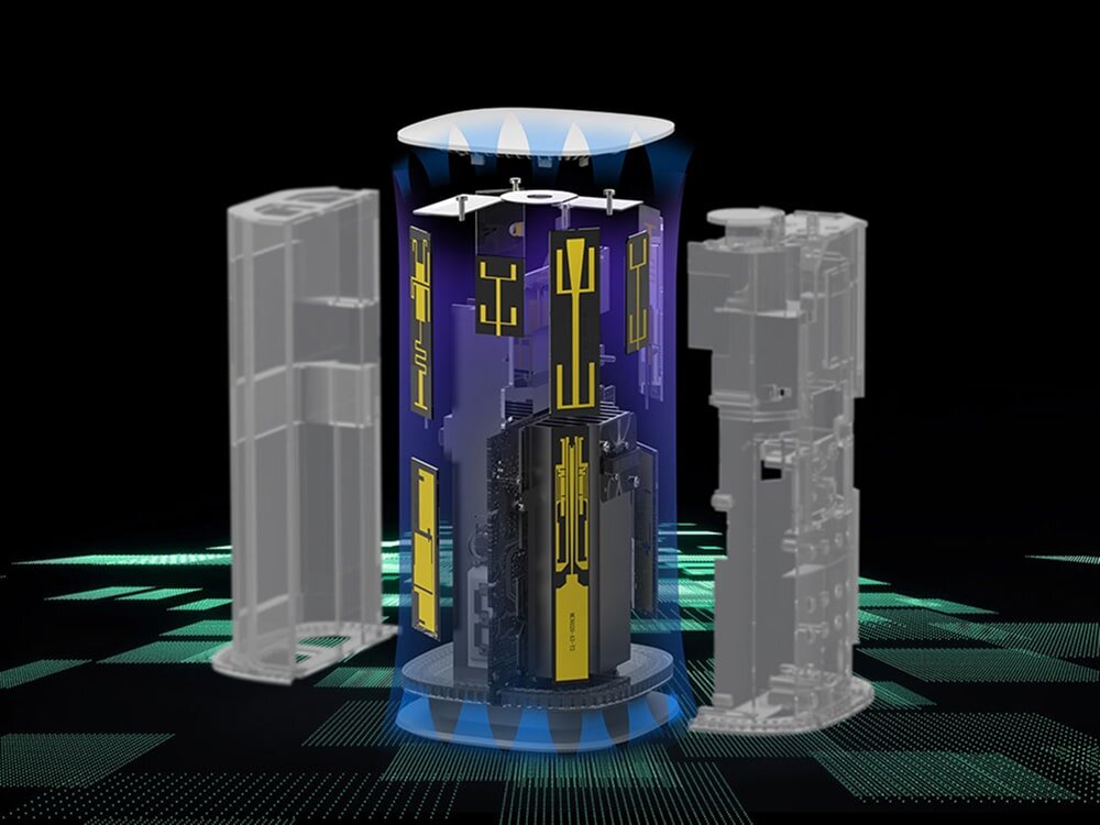 Router ZTE MC888 Pro Przekrojowa ilustracja cylindrycznego routera z widocznymi, kolorowymi podzespołami, umieszczona na tle ciemnej, cyfrowej siatki.