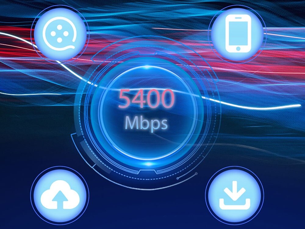 Router ZTE MC888 Pro Świecąca grafika cyfrowa z napisem „5400 Mbps” w centrum, otoczona smugami niebieskiego i czerwonego światła oraz ikonami mediów, telefonu, przesyłania i pobierania danych.
