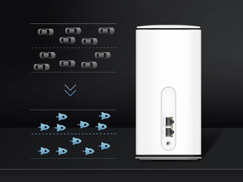 Router ZTE MC888 Pro Po prawej biały modem ustawiony pionowo. Po lewej ilustracje samochodów przechodzące w statki kosmiczne, co symbolizuje przejście z korków w szybkość 5G.