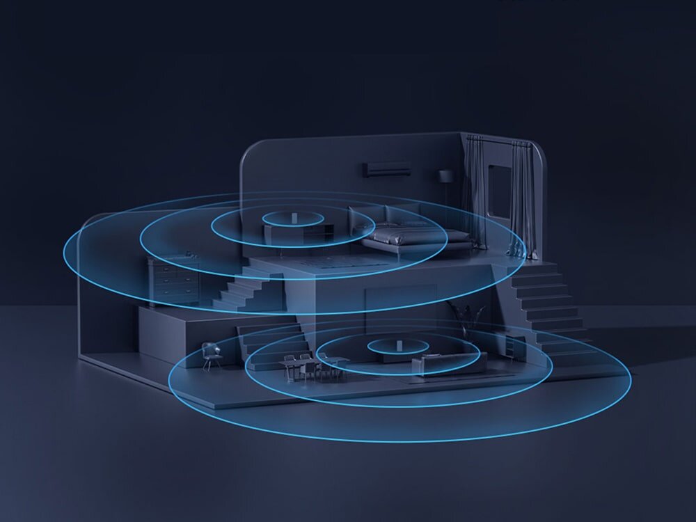 Router ZTE MC888 Pro Futurystyczny, trójwymiarowy model wnętrza domu z niebieskimi, świecącymi pierścieniami sygnału Wi-Fi, pokazujący pełny zasięg w każdym pomieszczeniu.