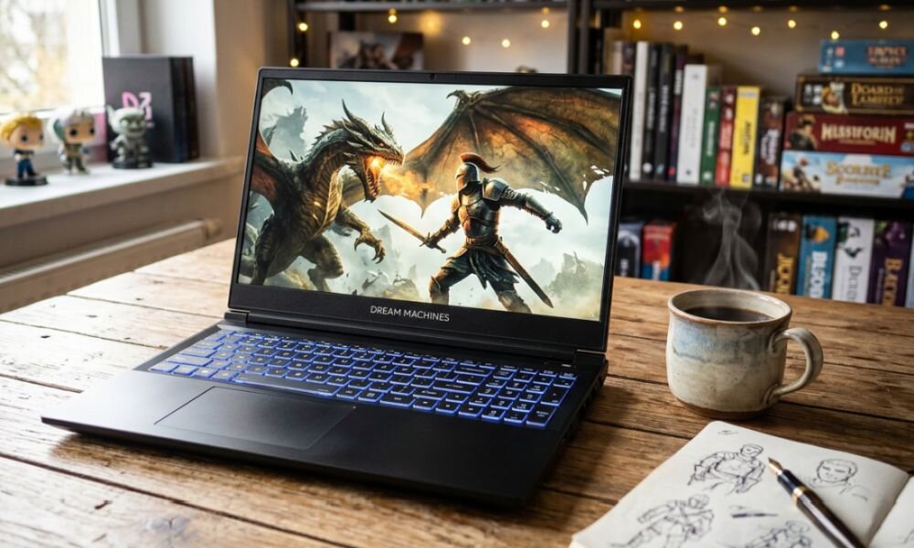 Laptop Dream Machines z podświetlaną klawiaturą wyświetla scenę fantasy z rycerzem i smokiem podczas gamingu przy domowym biurku. 