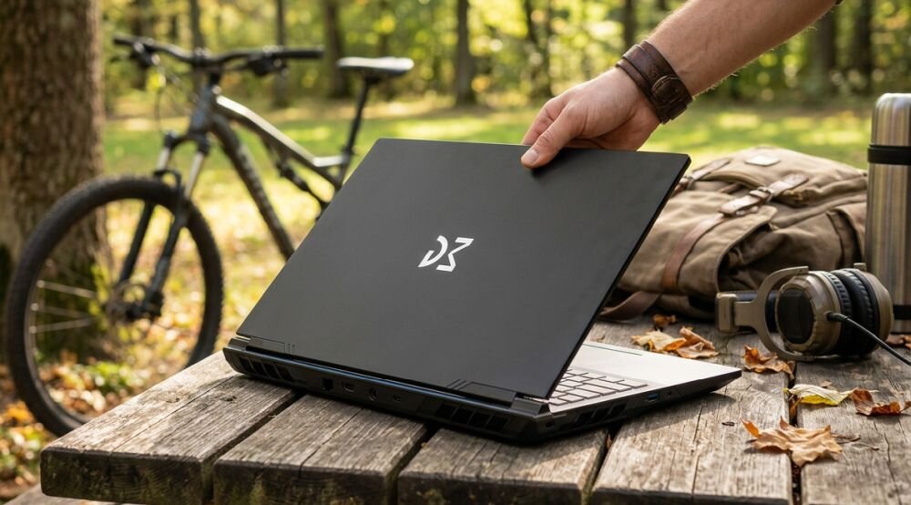 Osoba chowa laptop Dream Machines do plecaka podczas pracy mobilnej i wypoczynku na świeżym powietrzu