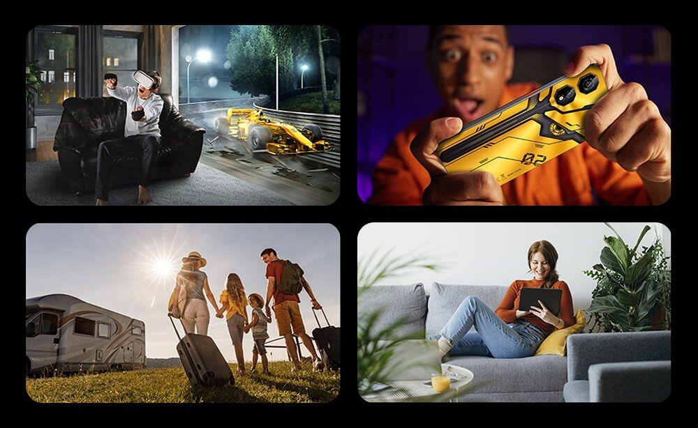 Router ZTE U30 Air Cztery zdjęcia przedstawiające różne sytuacje korzystania z szybkiego internetu 5G – oglądanie filmów, granie, podróż i relaks w domu.