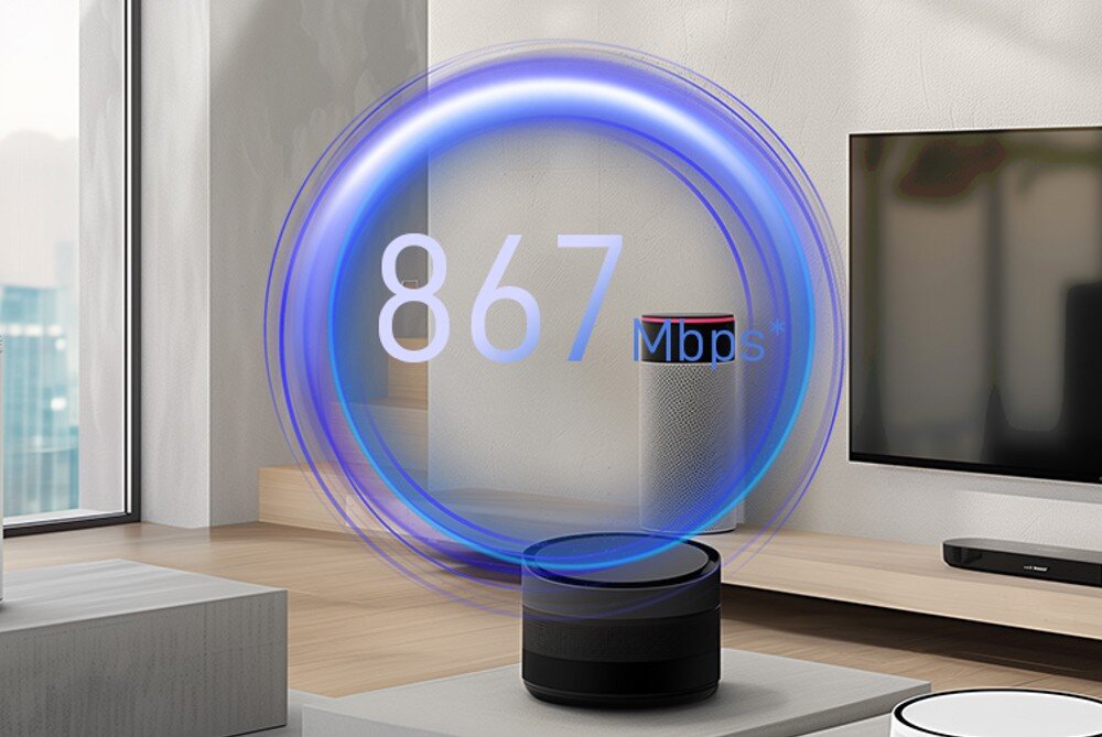 Router ZTE U30 Air Urządzenie ZTE U30 Air na stoliku w salonie z prędkością 867 Mb/s widoczną na ekranie – symbol stabilnego połączenia Wi-Fi.