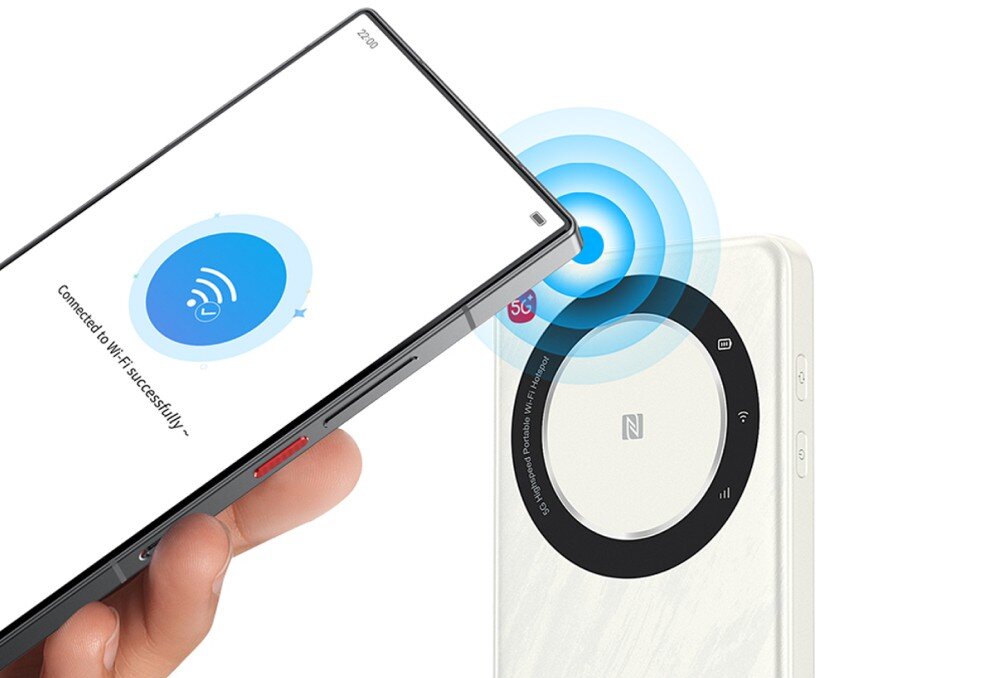 Router ZTE U30 Air Smartfon z ikoną połączenia Wi-Fi dotykający urządzenia ZTE U30 Air – ilustracja funkcji szybkiego łączenia jednym dotknięciem.