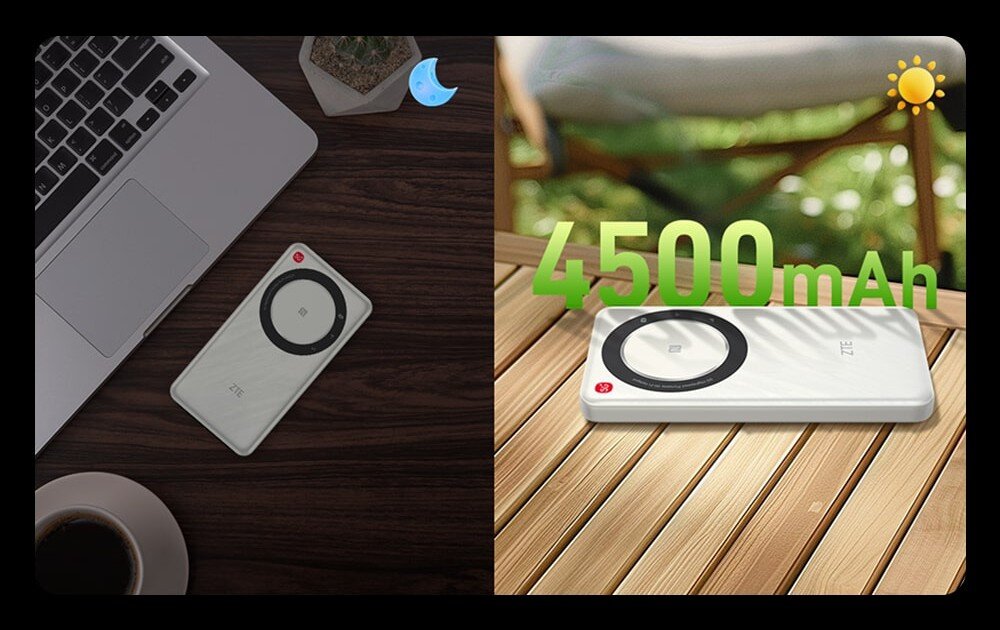 Router ZTE U30 Air U30 Air obok laptopa na stole z napisem „4500 mAh” i ikoną słońca – symbol długiego czasu pracy na baterii.