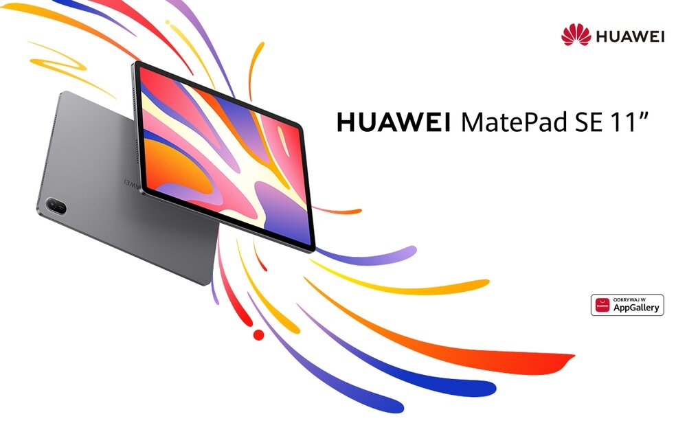 Obraz przedstawia tablet z kolorowym wyświetlaczem oraz jego tylną część w szarym kolorze. Widoczny jest tekst \'HUAWEI MatePad SE 11\' oraz logo HUAWEI.