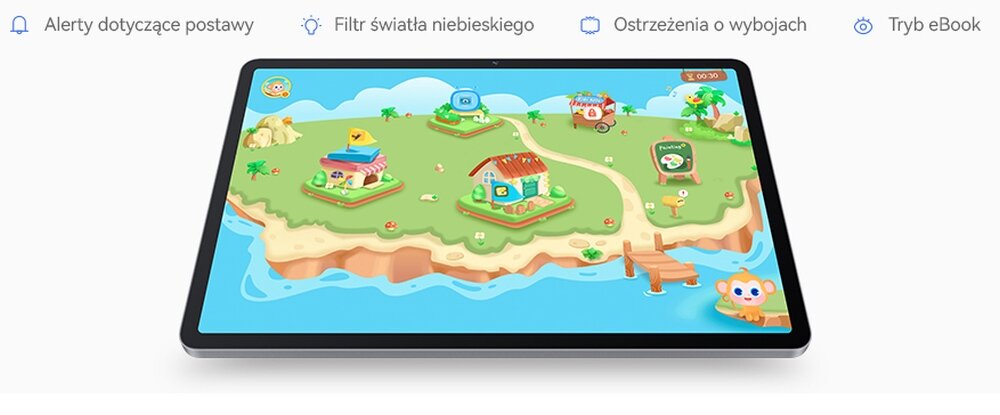 Tablet wyświetla kolorową grafikę przedstawiającą wyspę z domkami i postaciami. Nad tabletem znajdują się ikony z tekstem: \'Alerty dotyczące postawy\', \'Filtr światła niebieskiego\', \'Ostrzeżenia o wybojach\', \'Tryb eBook\'.